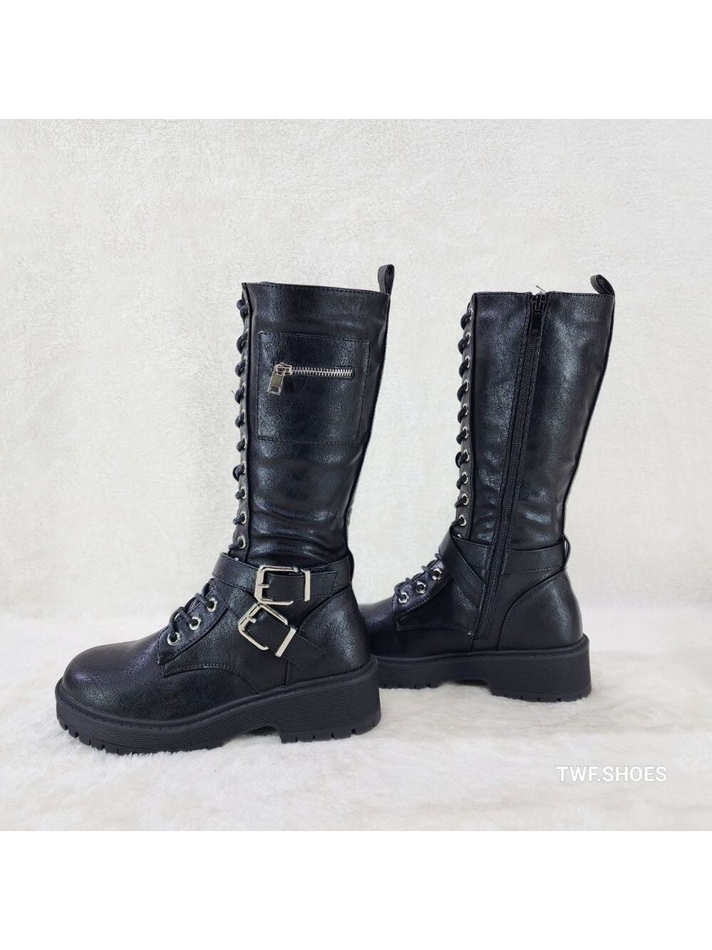 Punky Black Faux Leather Mid Calf Combat Military Boots Zipper Side Pocket